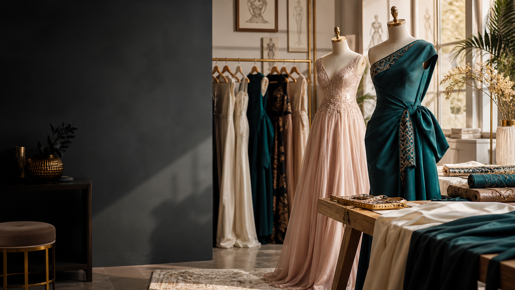 Elegant dresses in a boutique studio